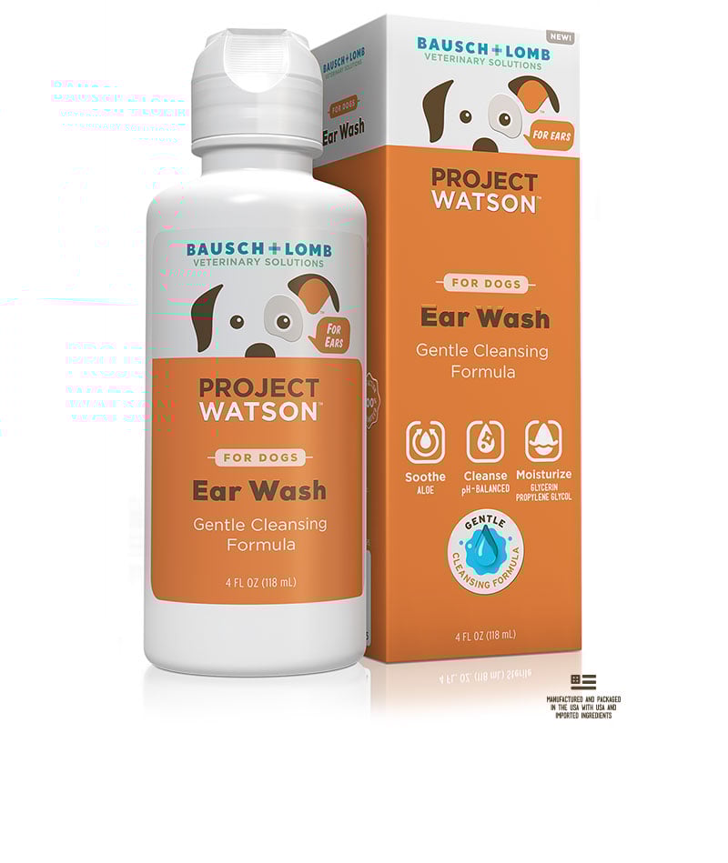 A bottle of Project Watson For Dogs Eye Wash sits next to its packaging.