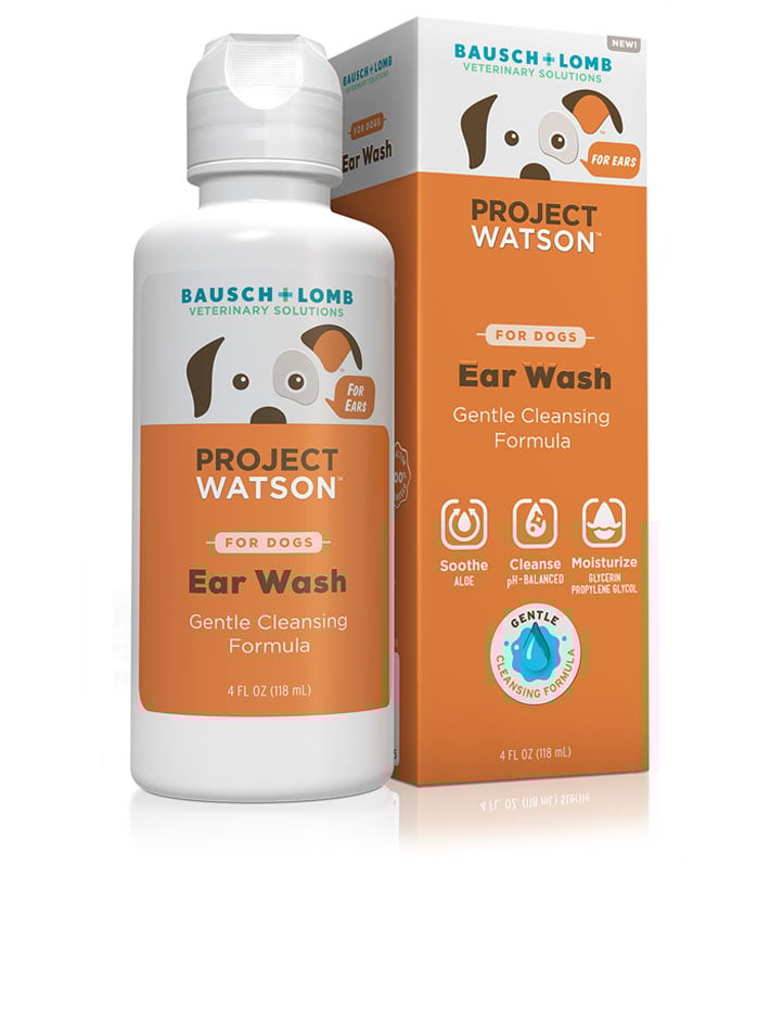 A bottle of Project Watson For Dogs Ear Wash sits next to its packaging.